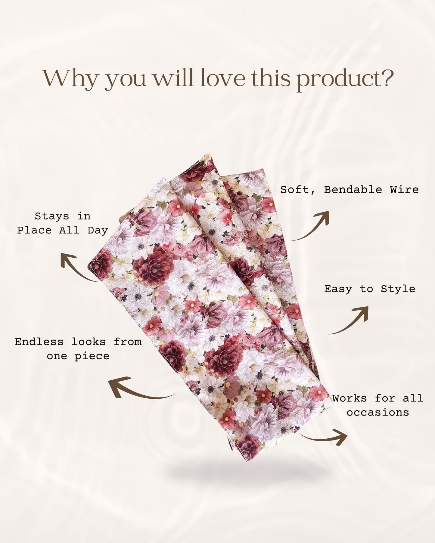 Floral headband with text highlighting features on a white background