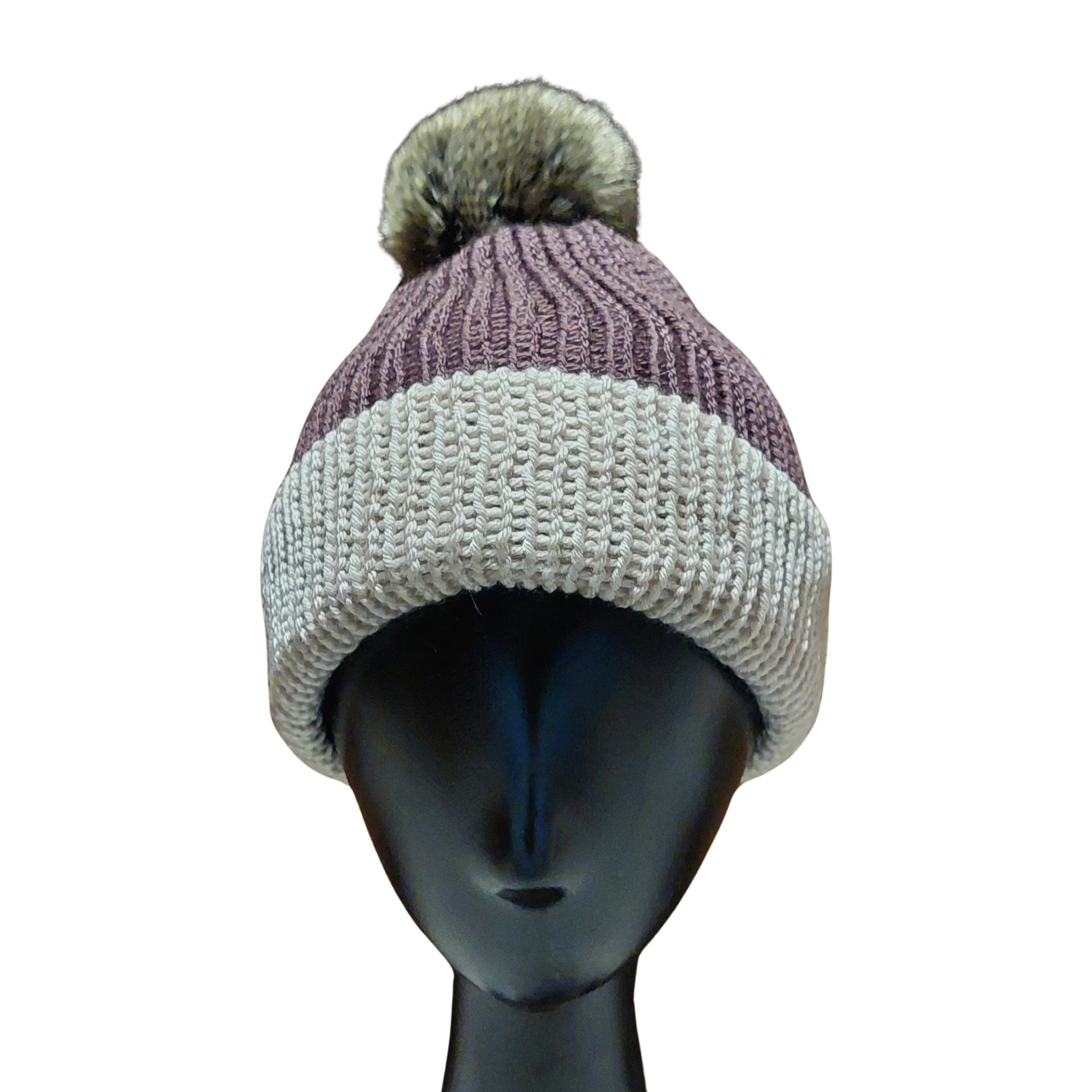 Two Tone Pom Pom Beanie - Grape/Cream Front View