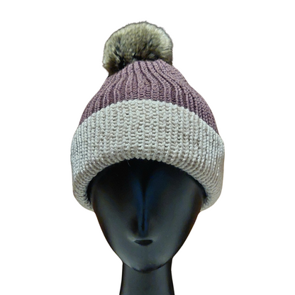 Two Tone Pom Pom Beanie - Grape/Cream Front View