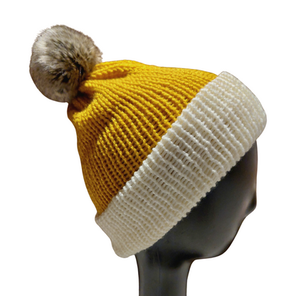 Knitted Beanie - Mustard/Cream Side View with Pom Pom