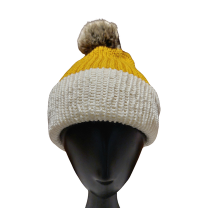 Knitted Beanie - Mustard/Cream Front View with Pom Pom