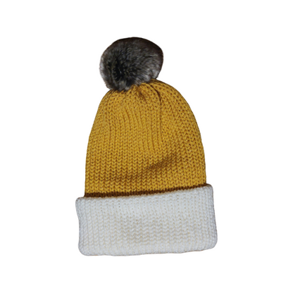 Knitted Beanie - Mustard/Cream Flat View with Pom Pom