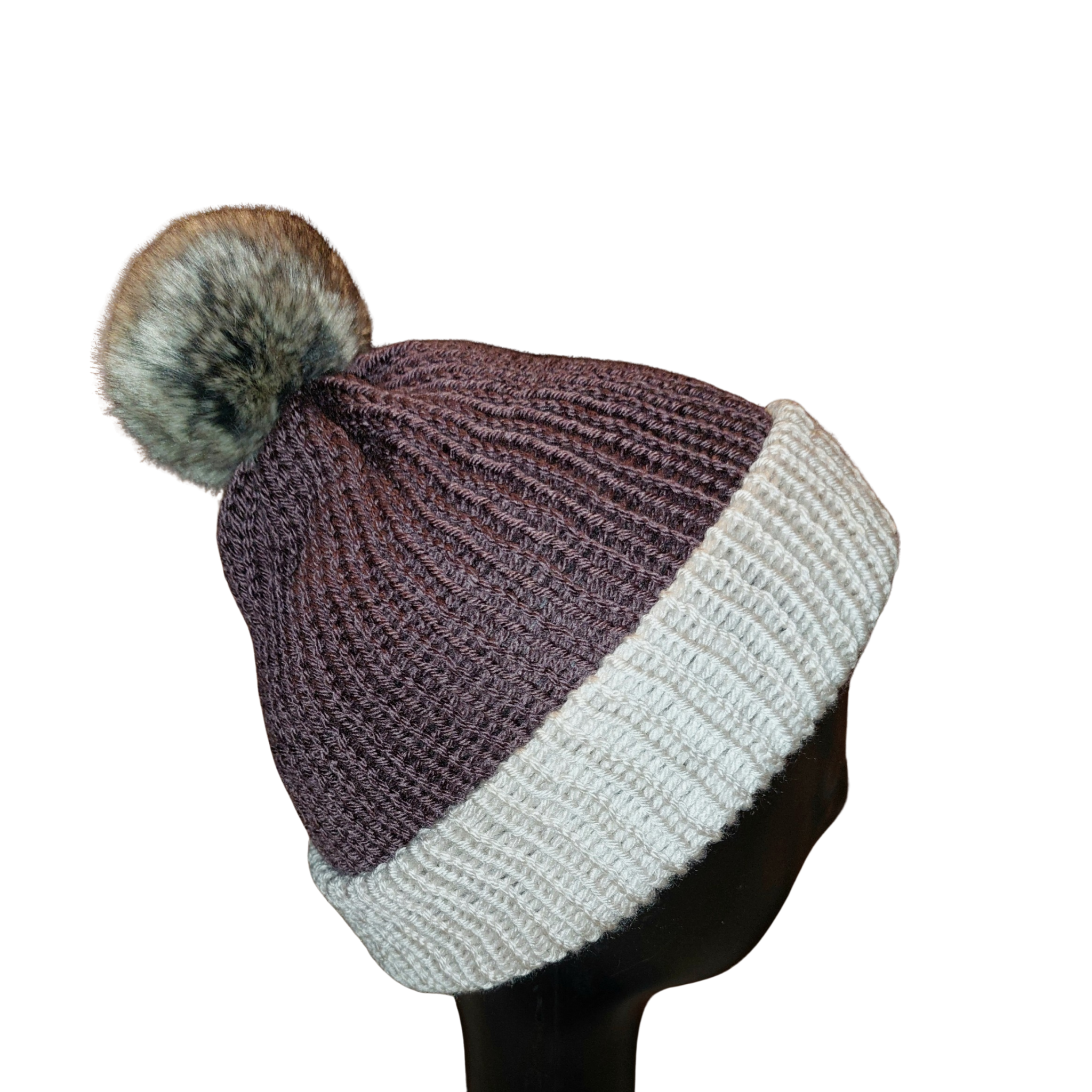 Two Tone Pom Pom Beanie - Grape/Cream Side View