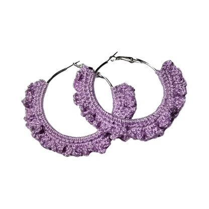 Crochet earrings - silver purple hoops