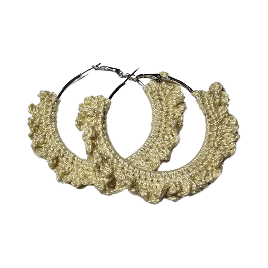 Crochet Earrings - Silver Cream Hoops