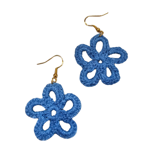 Crochet Earrings - Gold - Blue Daisy