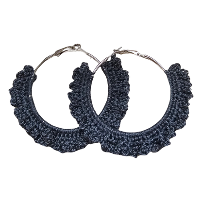 Crochet Earrings - Charcoal Hoops Silver