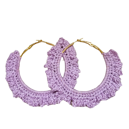 crochet earrings - gold purple hoops