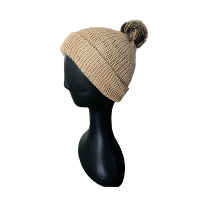 Knitted Beanie with Pom Poms - Tan Side View