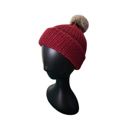 Knitted Beanie with Pom Poms - Burgundy Side View