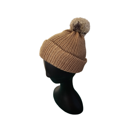 Knitted Beanie with Pom Poms - Beige Side View