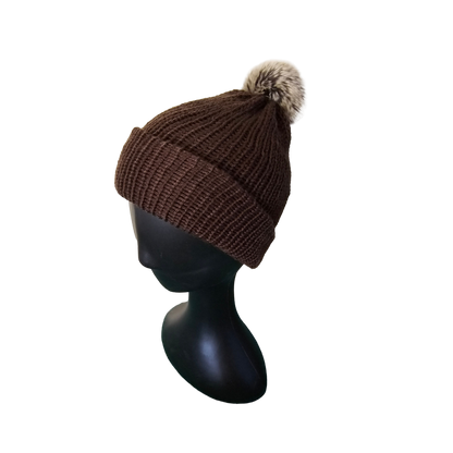 Knitted Beanie with Pom Poms - Brown Side View