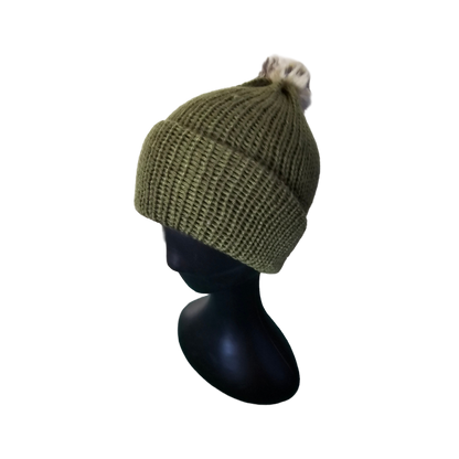 Knitted Beanie with Pom Poms - Olive Side View