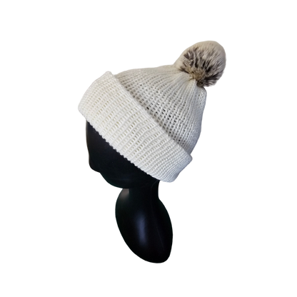 Knitted beanie with Pom Pom - Cream Front View