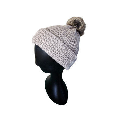 Knitted Beanie with Pom Poms - Ivory Side View