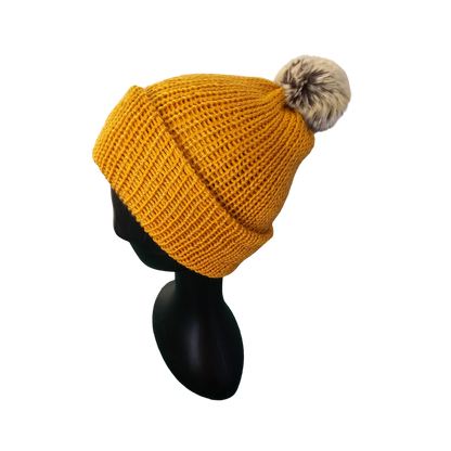 Knitted beanie with Pom Pom - Mustard Side View