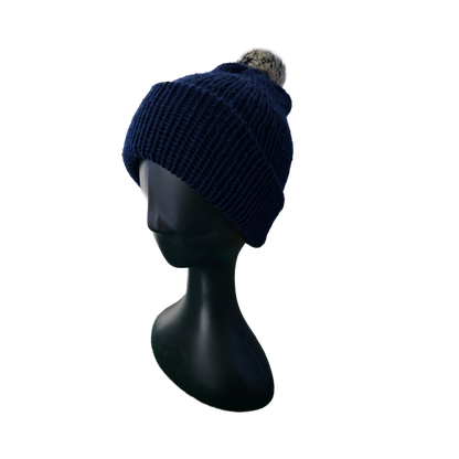 Knitted beanie with Pom Pom - Navy Front View