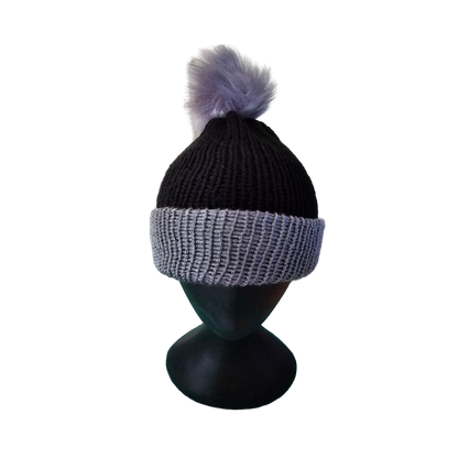 Two Tone Knitted Beanie - Black/Grey Front View