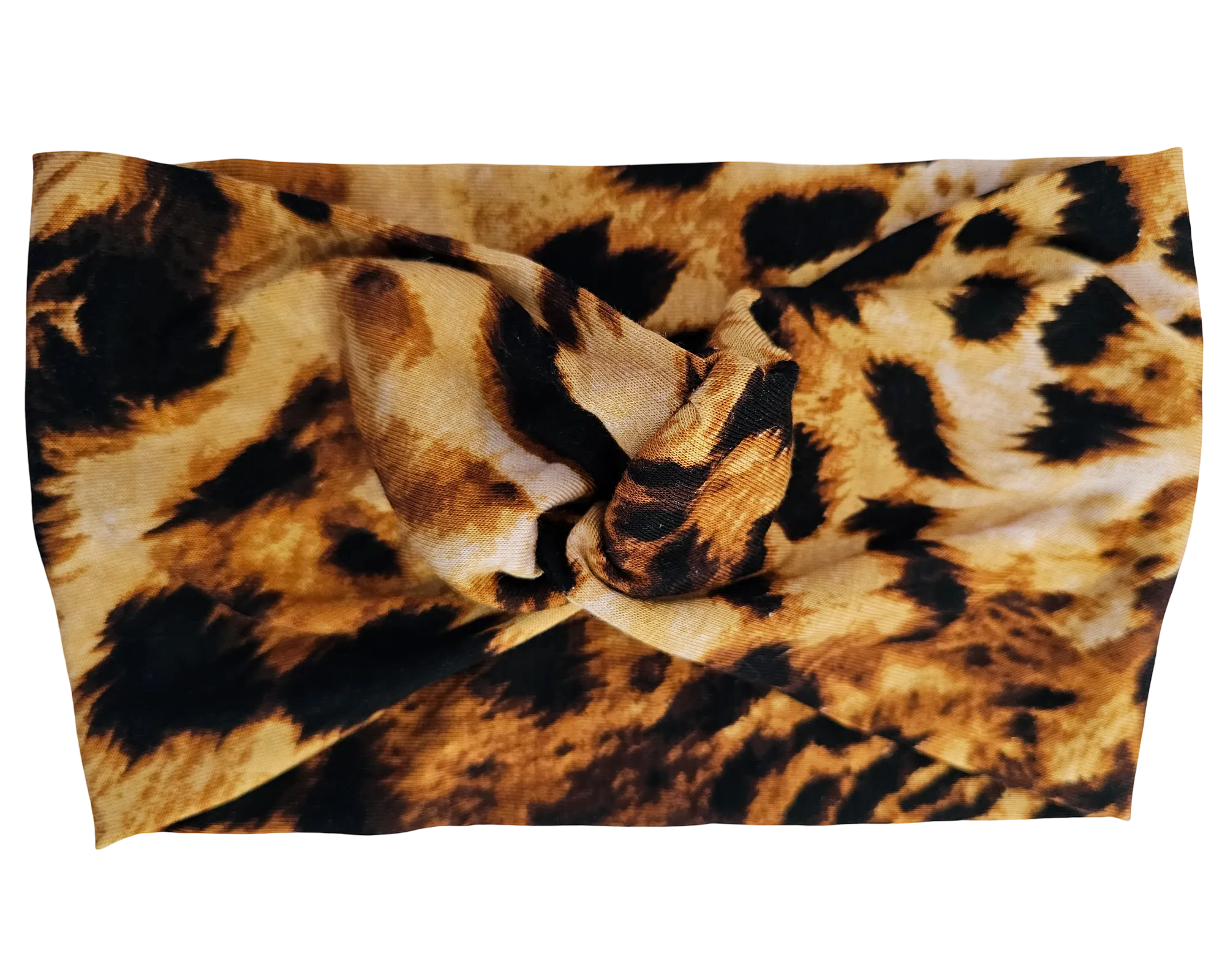 Flat View of leopard print stretch knotted headband