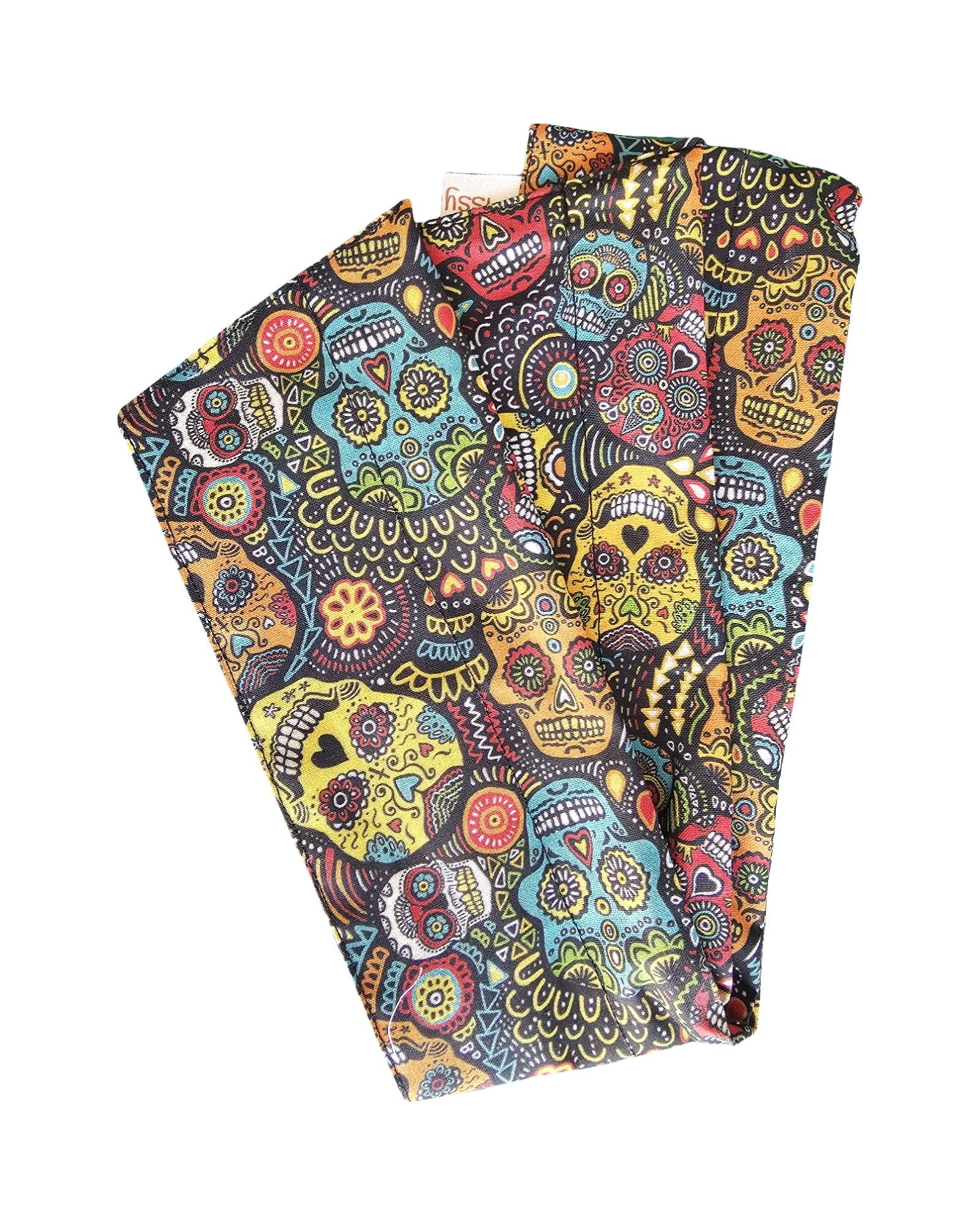 Colorful sugar skull patterned Wrap headwrap n a white background