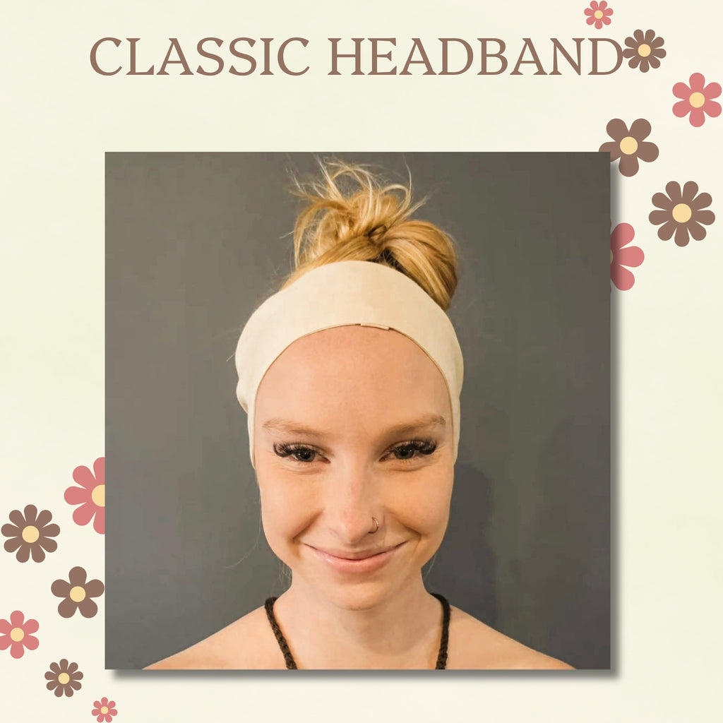 A woman wearing a wide cream-colored fabric headband with her blonde hair tied up in a messy bun, set against a dark gray background with a decorative cream border and the text 'CLASSIC HEADBAND' at the top.