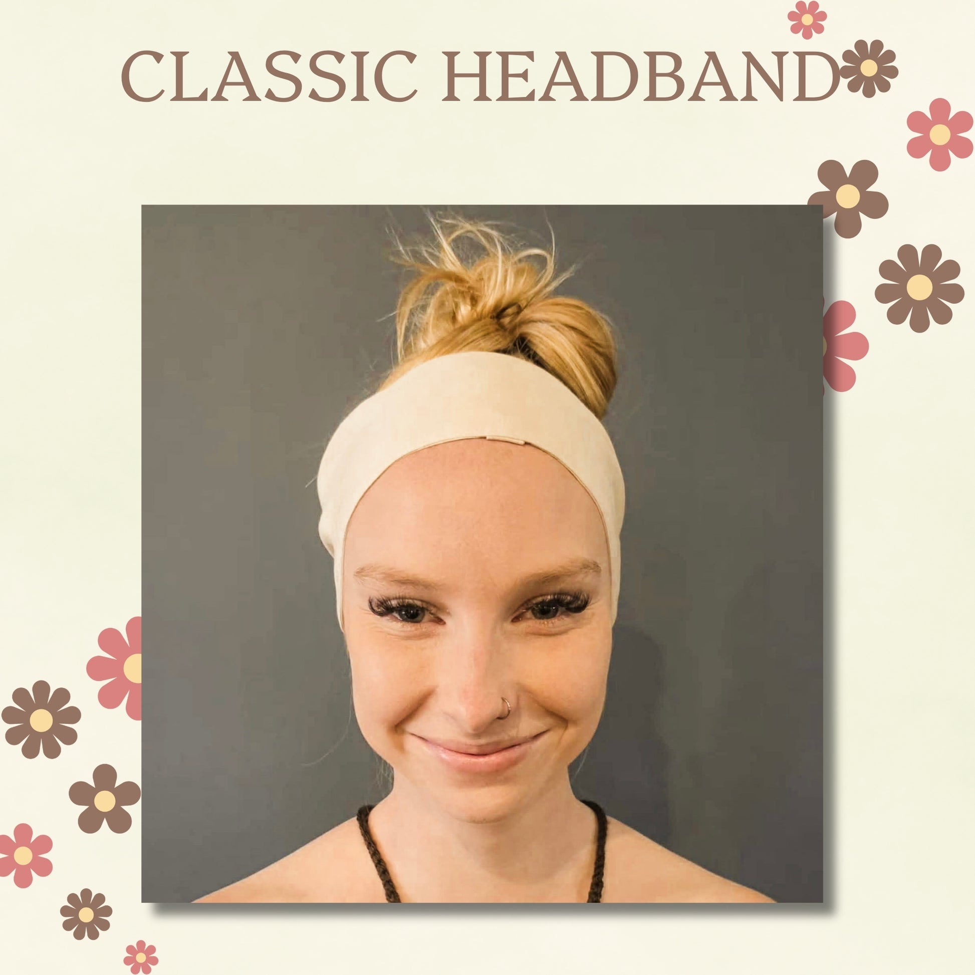 A woman wearing a wide cream-colored fabric headband with her blonde hair tied up in a messy bun, set against a dark gray background with a decorative cream border and the text 'CLASSIC HEADBAND' at the top.