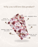 Floral headband with text highlighting features on a white background