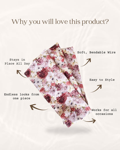 Floral headband with text highlighting features on a white background