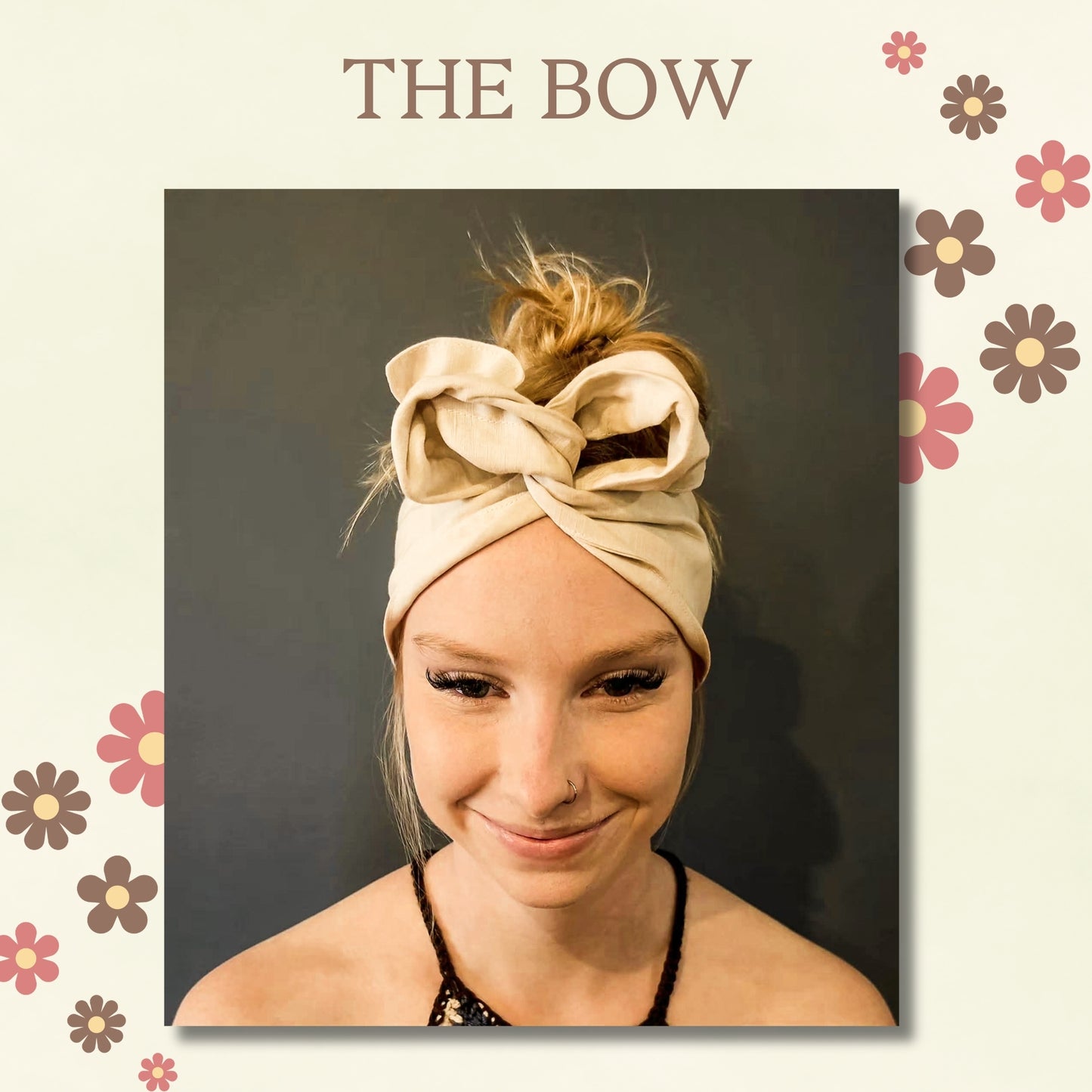 A woman wearing a beige fabric bow wire headband, shown in a portrait-style product presentation with the text 'THE BOW' above and floral decorations around the border.