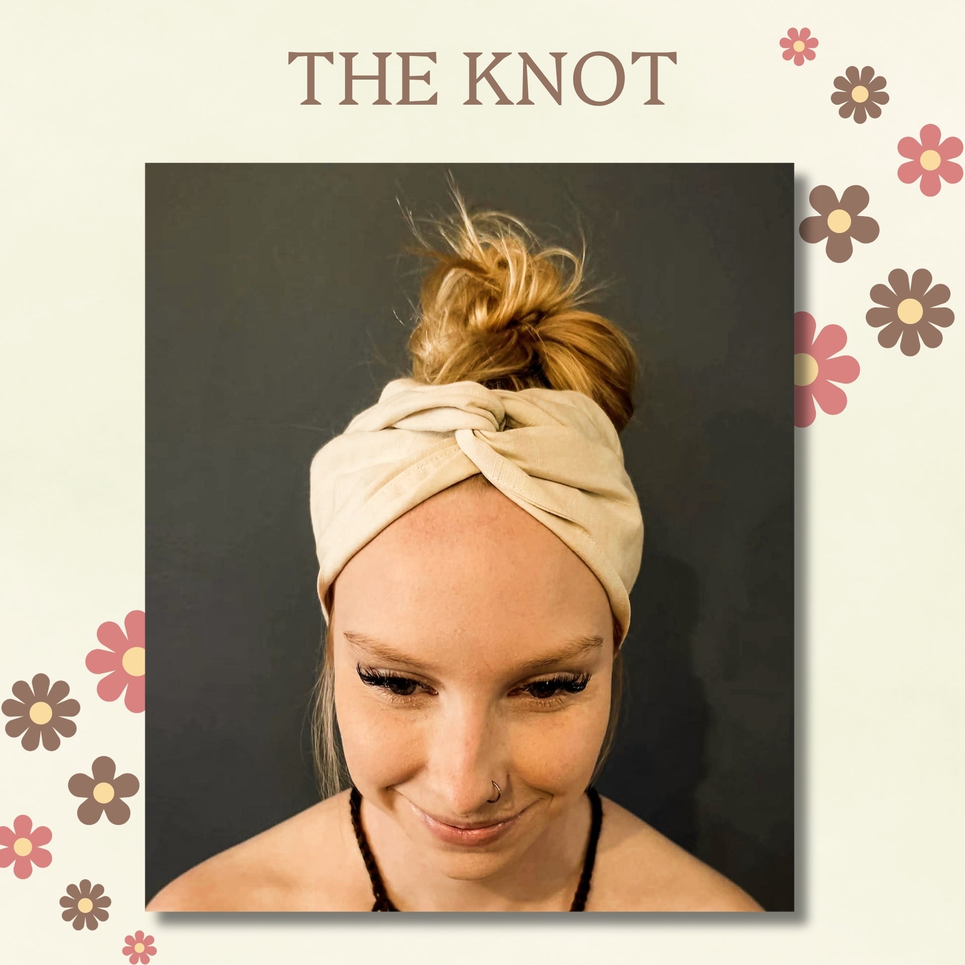 A woman wearing a beige fabric knot wire headband, styled in a messy bun, set against a dark gray background with a cream-colored frame decorated with floral graphics and the text 'THE KNOT' at the top.