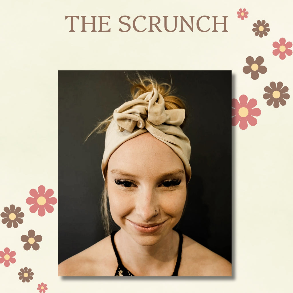 A woman wearing a wide cream-colored fabric headband with her blonde hair tied up in a messy bunwite wire head wrap, set against a dark gray background with a decorative cream border and the text 'CLASSIC HEADBAND' at the top.