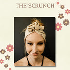 A woman wearing a wide cream-colored fabric headband with her blonde hair tied up in a messy bunwite wire head wrap, set against a dark gray background with a decorative cream border and the text 'CLASSIC HEADBAND' at the top.