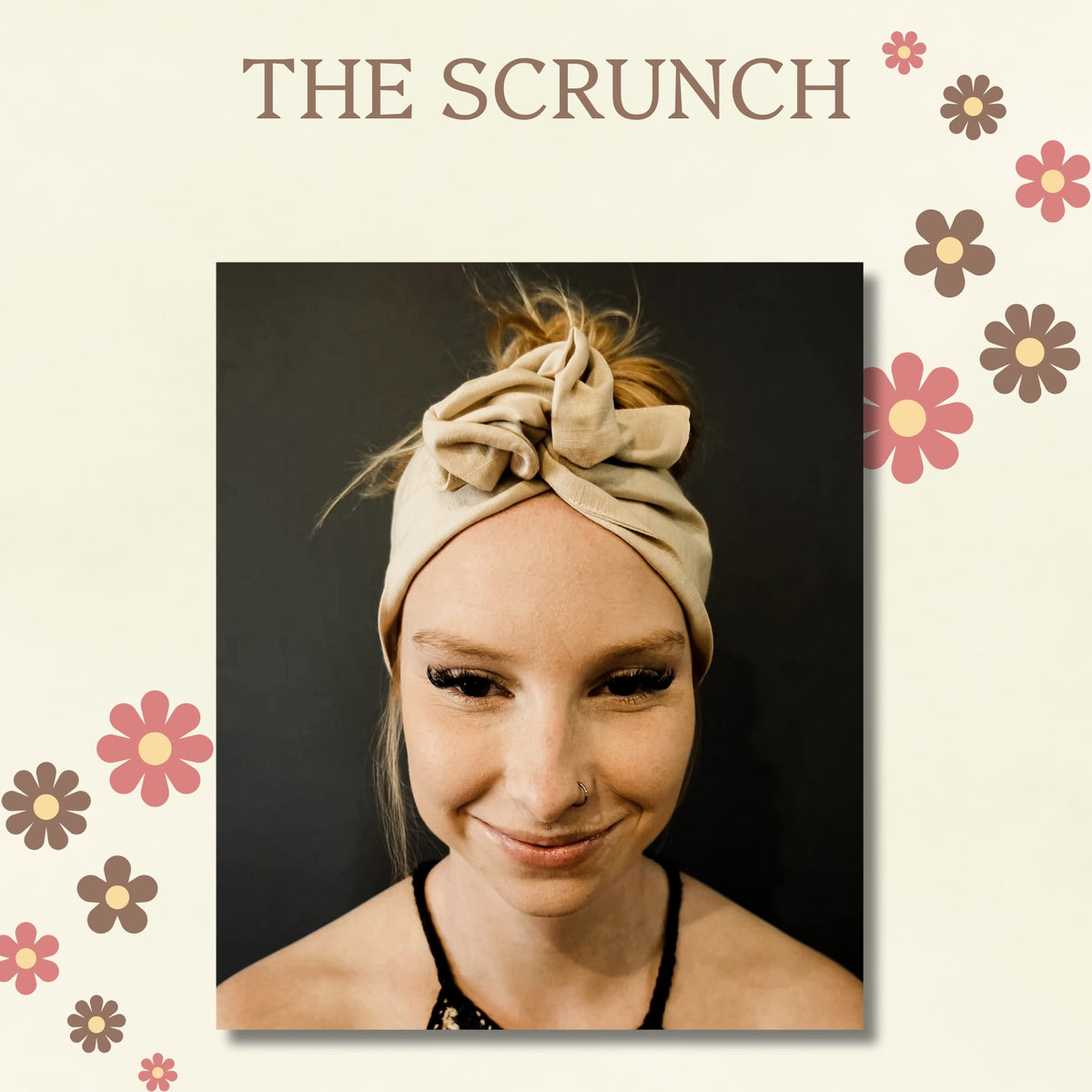 A woman wearing a wide cream-colored fabric headband with her blonde hair tied up in a messy bunwite wire head wrap, set against a dark gray background with a decorative cream border and the text 'CLASSIC HEADBAND' at the top.