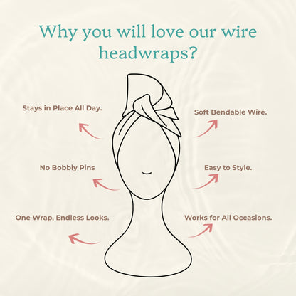 Promotional graphic for wire headwraps on a light beige textured background. A simple line drawing of a head with a wrapped headwrap is centered, surrounded by teal headline text and pink callout arrows with feature claims such as 'Stays in Place All Day,' 'Soft Bendable Wire,' 'No Bobbly Pins,' 'Easy to Style,' 'One Wrap, Endless Looks,' and 'Works for All Occasions.