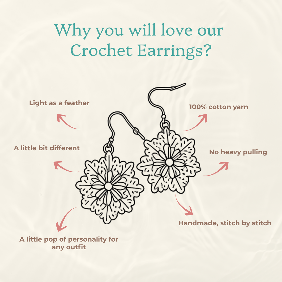  light as a feather, 100% cotton yarn, no heavy pulling, handmade stitch by stitch for a unique pop of personality.”