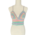 A multicolored crochet top displayed on a mannequin, featuring a geometric pattern with rainbow colors.
