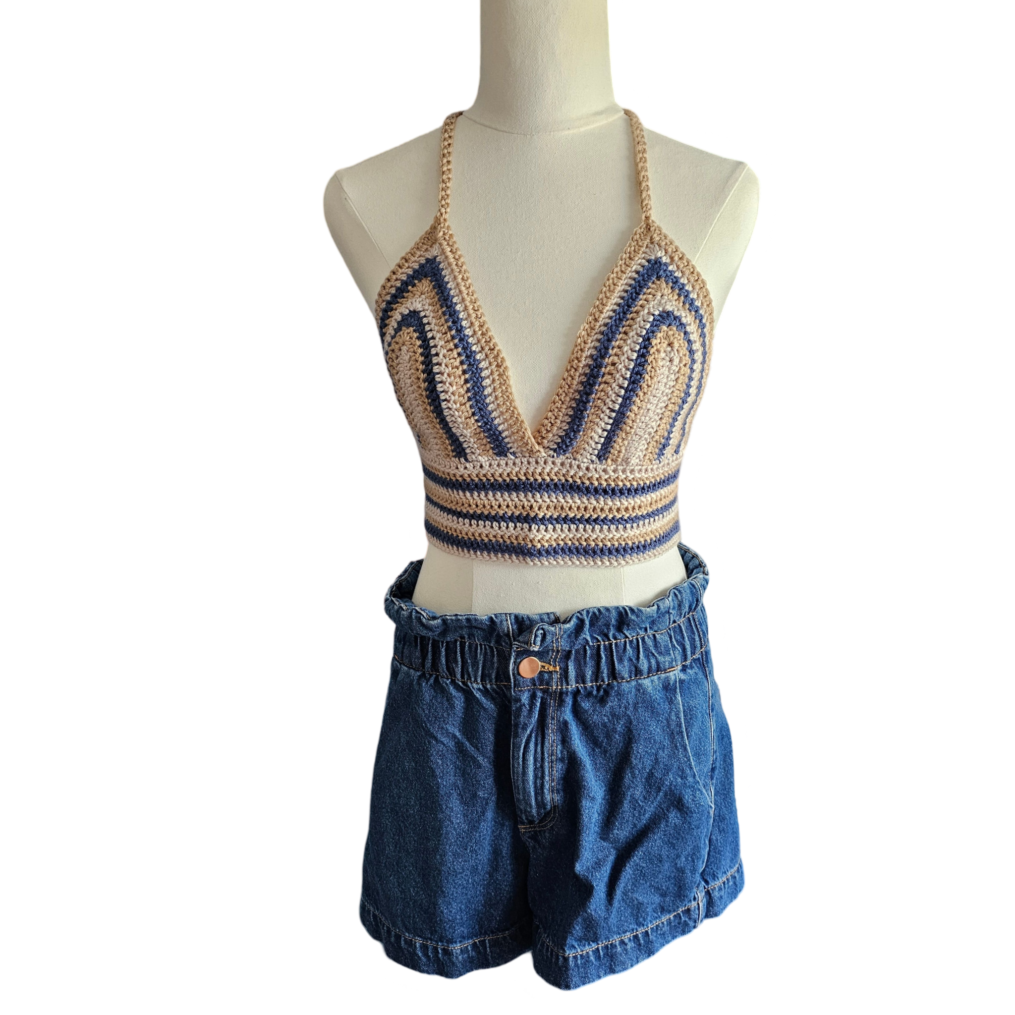 Crochet Top - Beige/Navy Front View