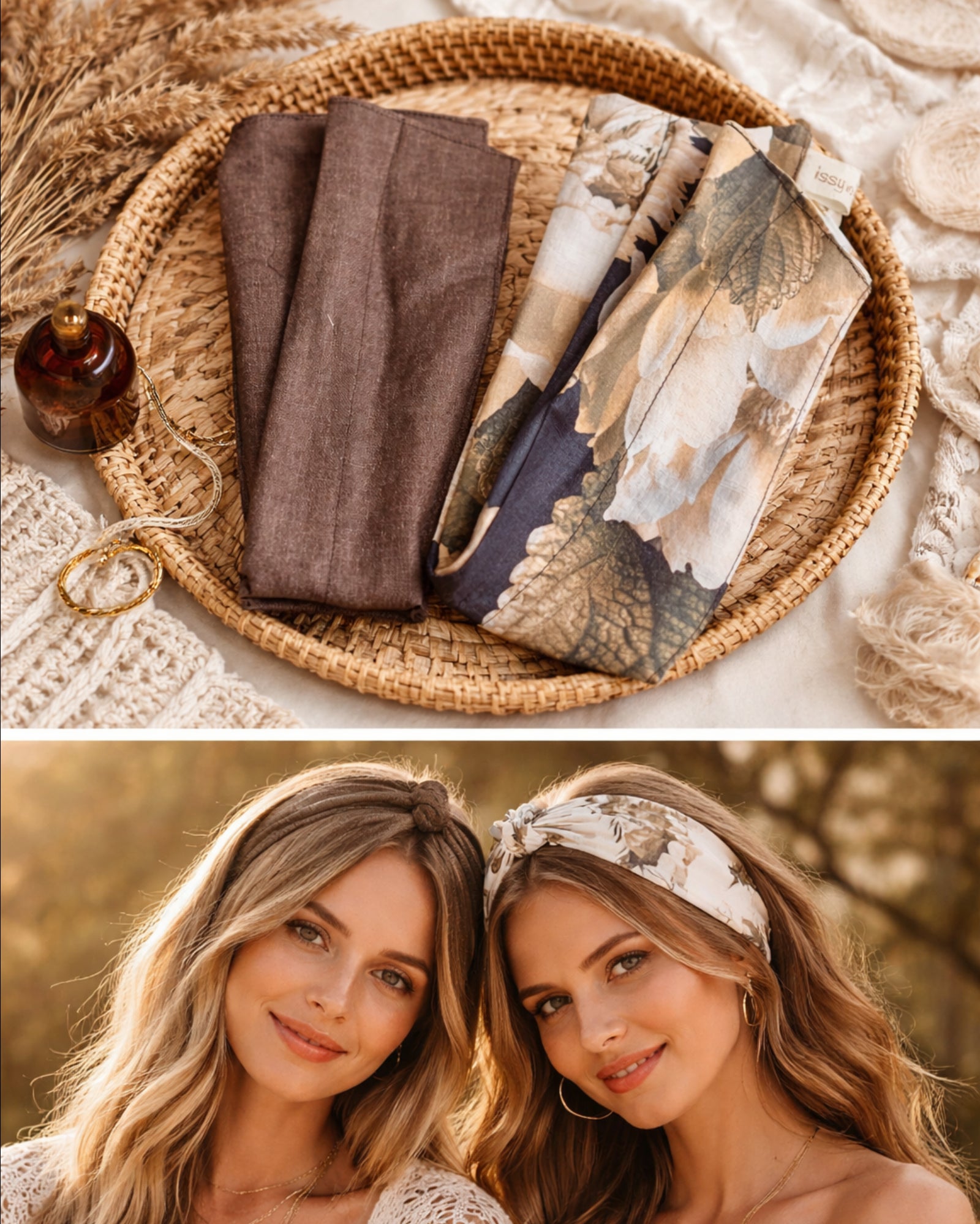 Two women wearing floral headbands with a woven basket and fabric in the background.