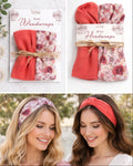 Wine headwraps in packaging with two women wearing them outdoors.