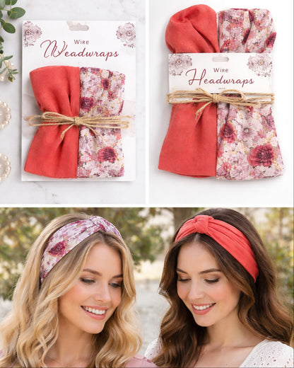Wine headwraps in packaging with two women wearing them outdoors.