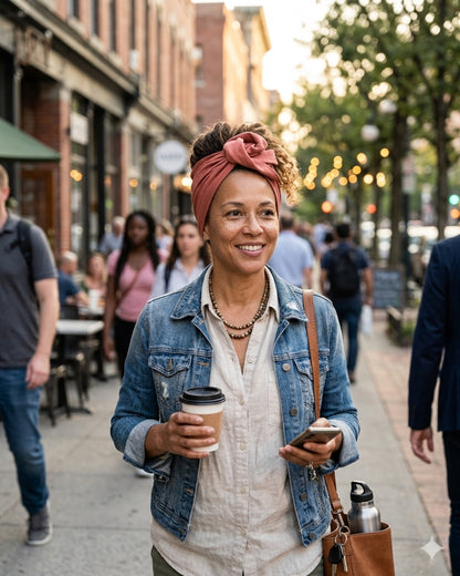 Woman holding a coffee cup and phone on a city street