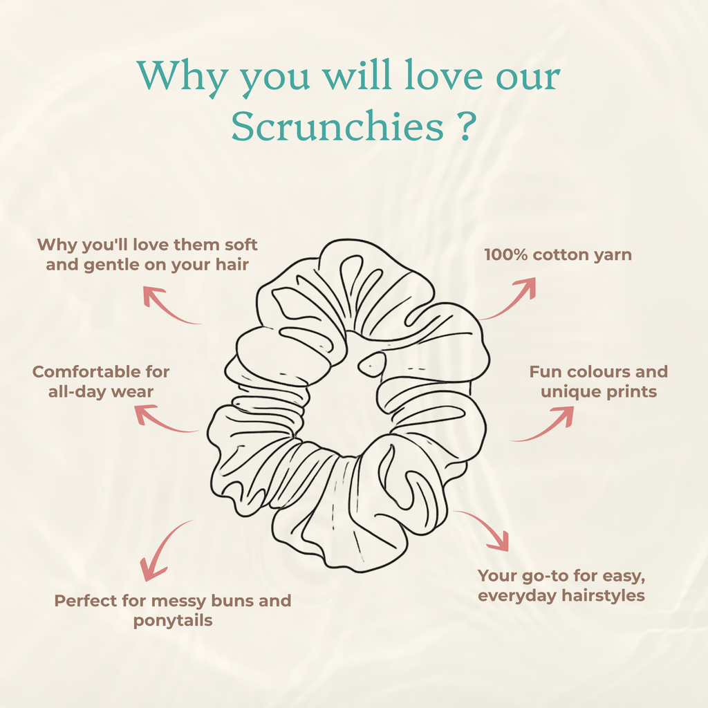 Scrunchie benefits: soft and gentle on hair, comfortable all day, with fun colours and prints for messy buns and ponytails.